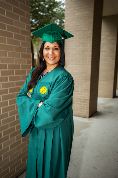 Graduating student in cap and gown