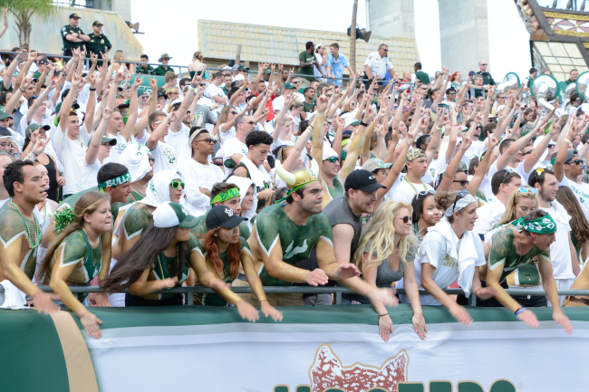 A group of students at a football game putting their horns up